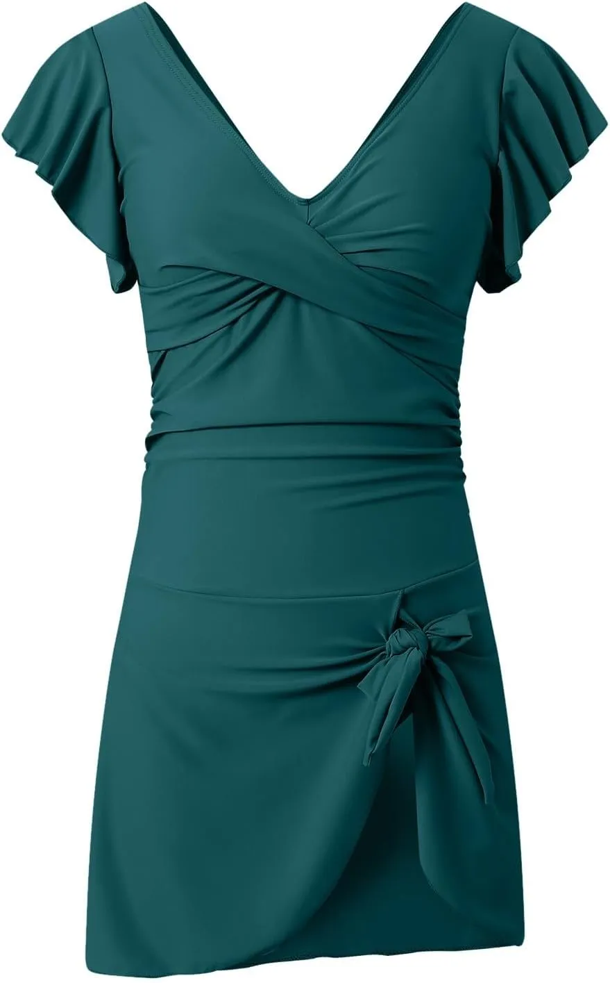 Swim Suits for Women 2025 Tummy Control Ruffle Swimsuit for Women Tie Knot Swim Dresses V Neck Bathing Suit Skirt
