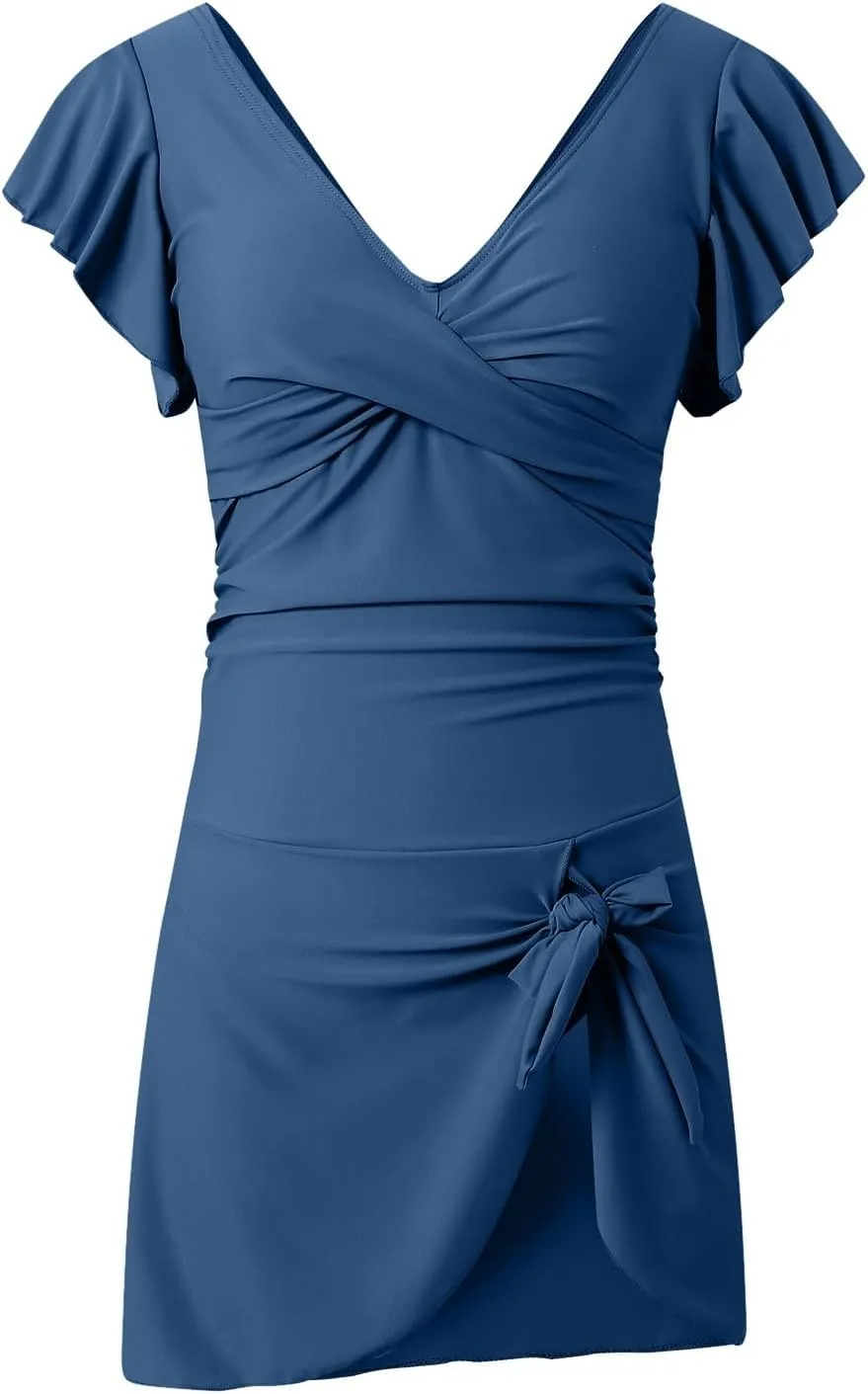 Swim Suits for Women 2025 Tummy Control Ruffle Swimsuit for Women Tie Knot Swim Dresses V Neck Bathing Suit Skirt