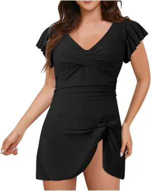 Swim Suits for Women 2025 Tummy Control Ruffle Swimsuit for Women Tie Knot Swim Dresses V Neck Bathing Suit Skirt