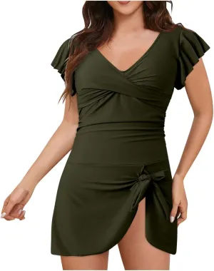 Swim Suits for Women 2025 Tummy Control Ruffle Swimsuit for Women Tie Knot Swim Dresses V Neck Bathing Suit Skirt
