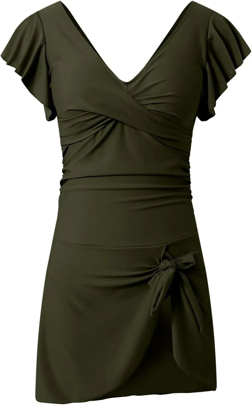 Swim Suits for Women 2025 Tummy Control Ruffle Swimsuit for Women Tie Knot Swim Dresses V Neck Bathing Suit Skirt