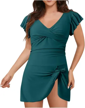 Swim Suits for Women 2025 Tummy Control Ruffle Swimsuit for Women Tie Knot Swim Dresses V Neck Bathing Suit Skirt