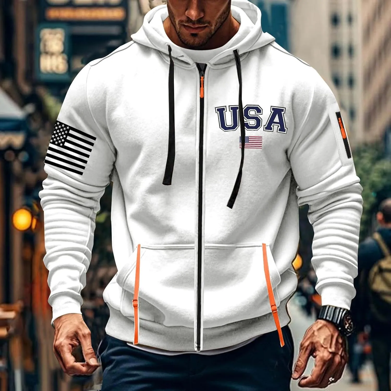 Tactical Zip up Hoodies for Men American Flag Graphic Hoodie Vintage Shirt with Pockets Military Workout Sweatshirt