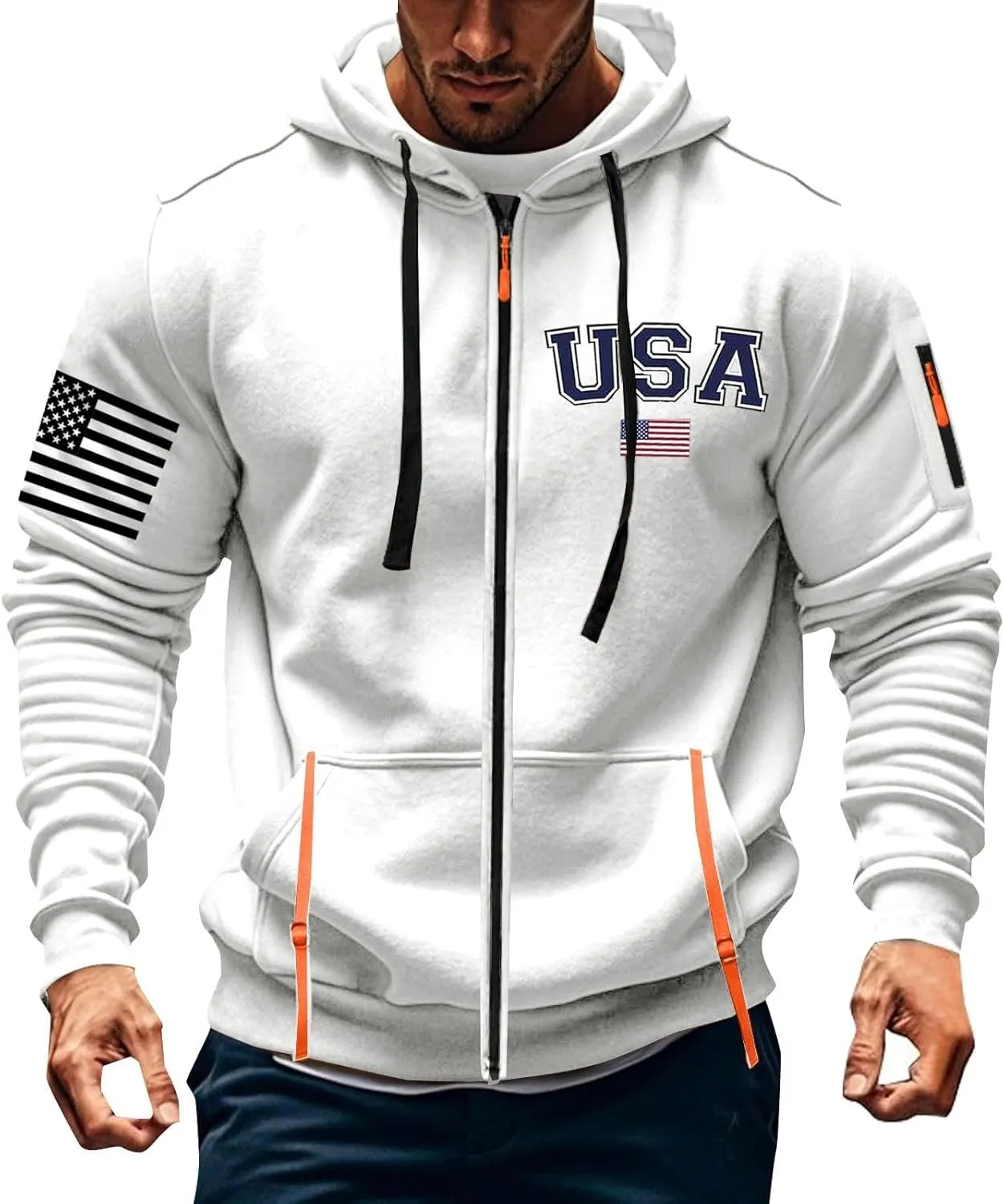 Tactical Zip up Hoodies for Men American Flag Graphic Hoodie Vintage Shirt with Pockets Military Workout Sweatshirt