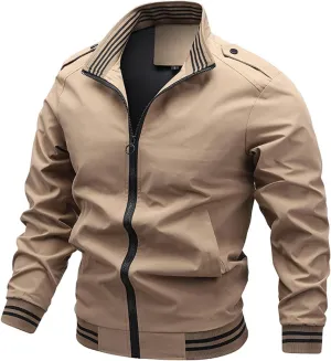 Thatrich Bomber Jacket for Men Light Zip Up Jackets Lapel Long Sleeve Coat Fall Trendy Outer wear Windbreaker Jacket Slim Fit