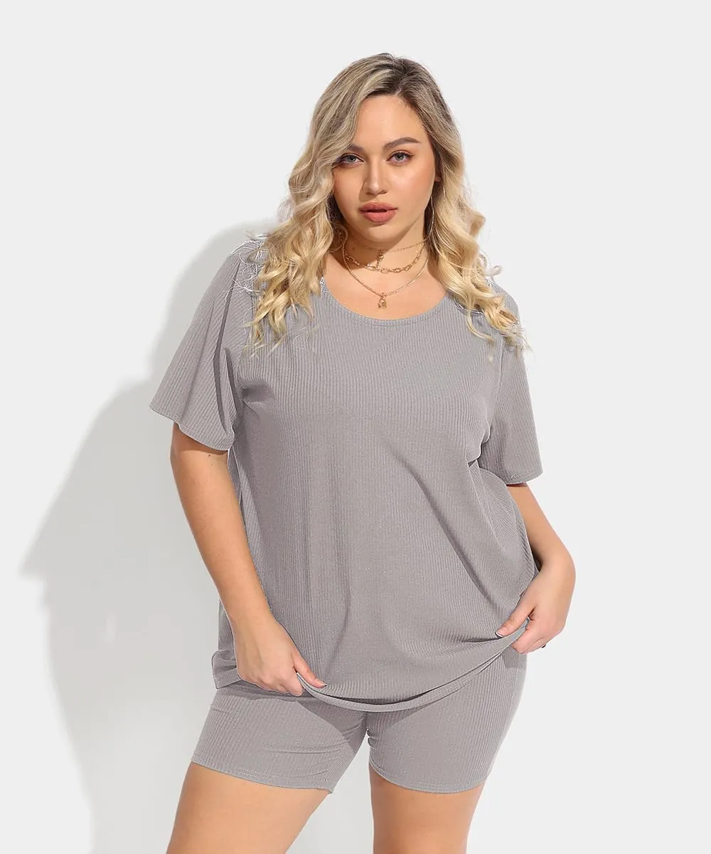 TIYOMI Plus Size 2 Piece Outfits Ribbed Knit Biker Tracksuits for Women Tops & Pants Jumpsuit Sweatsuit Pajama Sets