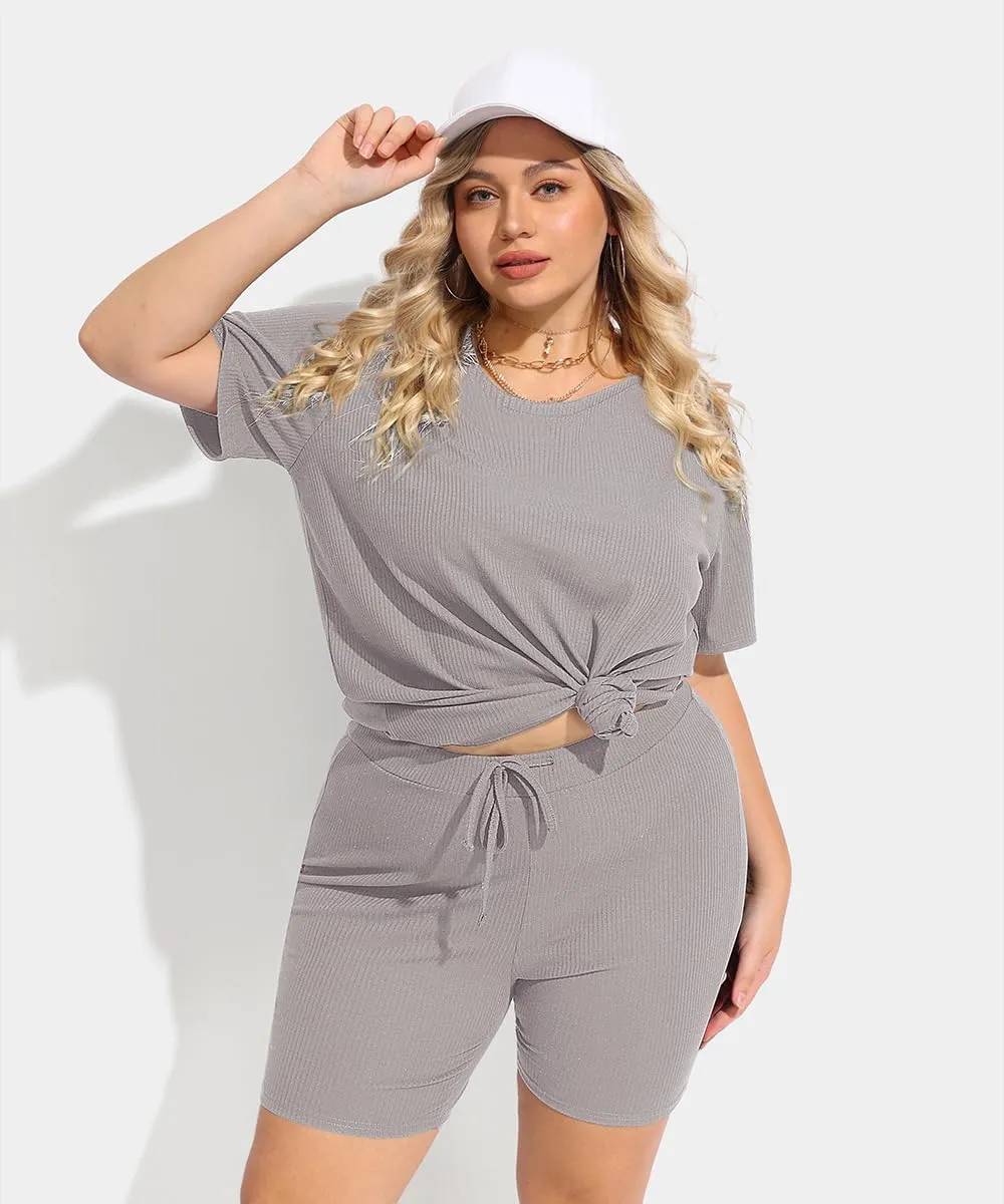 TIYOMI Plus Size 2 Piece Outfits Ribbed Knit Biker Tracksuits for Women Tops & Pants Jumpsuit Sweatsuit Pajama Sets
