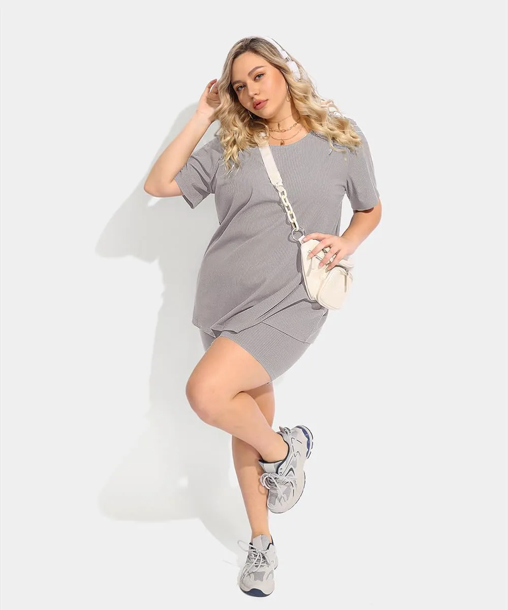 TIYOMI Plus Size 2 Piece Outfits Ribbed Knit Biker Tracksuits for Women Tops & Pants Jumpsuit Sweatsuit Pajama Sets
