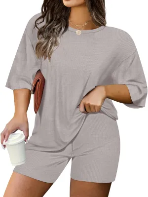 TIYOMI Plus Size 2 Piece Outfits Ribbed Knit Biker Tracksuits for Women Tops & Pants Jumpsuit Sweatsuit Pajama Sets