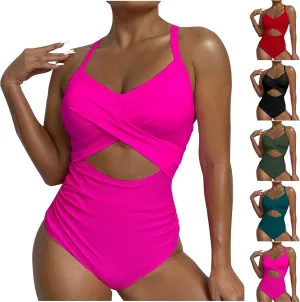 Tummy Control One Piece Swimsuit for Women 2024 High Waist Front Cross Halter Bathing Suit Cutout 1 Piece Swimsuits