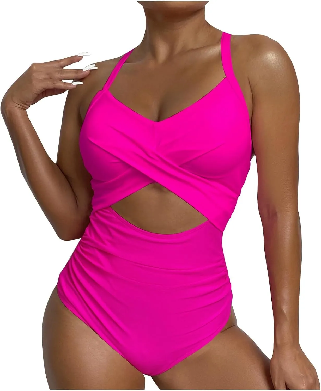 Tummy Control One Piece Swimsuit for Women 2024 High Waist Front Cross Halter Bathing Suit Cutout 1 Piece Swimsuits