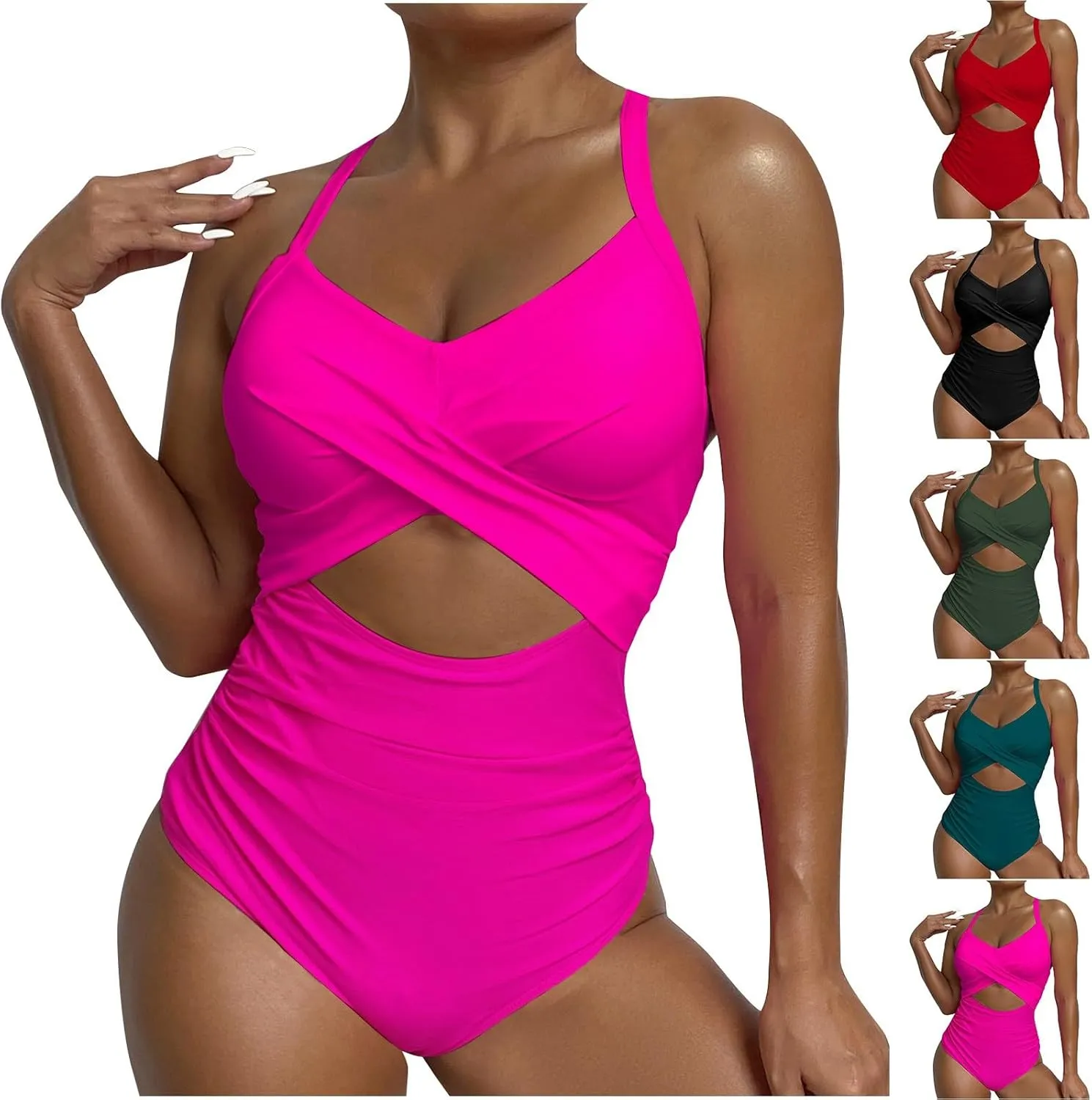 Tummy Control One Piece Swimsuit for Women 2024 High Waist Front Cross Halter Bathing Suit Cutout 1 Piece Swimsuits