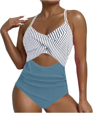 Tummy Control One Piece Swimsuit for Women 2024 High Waist Front Cross Halter Bathing Suit Cutout 1 Piece Swimsuits