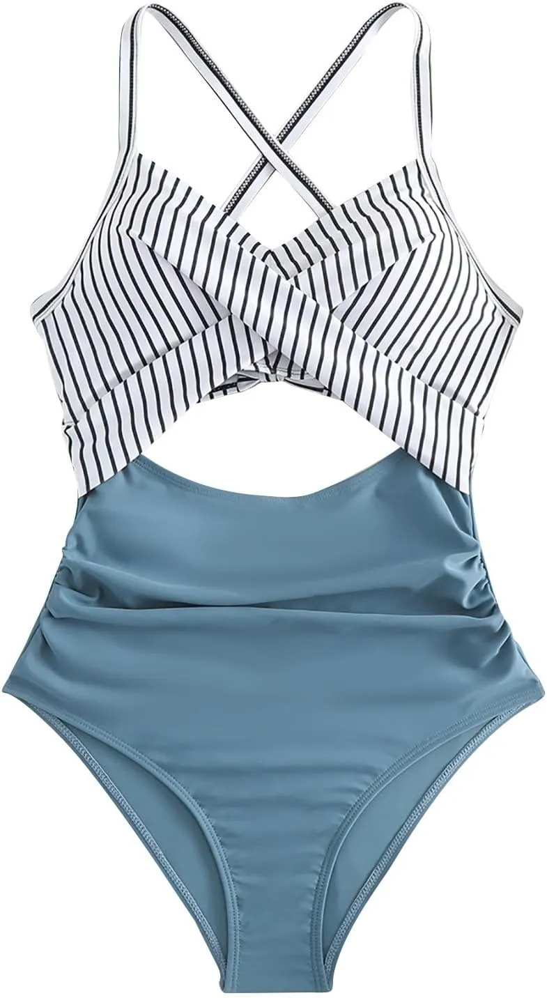 Tummy Control One Piece Swimsuit for Women 2024 High Waist Front Cross Halter Bathing Suit Cutout 1 Piece Swimsuits