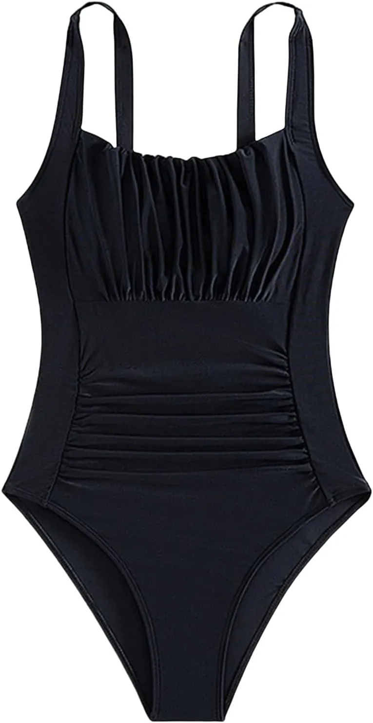 Tummy Control Slimming Bathing Suit Solid Color Swimsuit Tummy Control Cutout High Waisted Bathing Suit Women