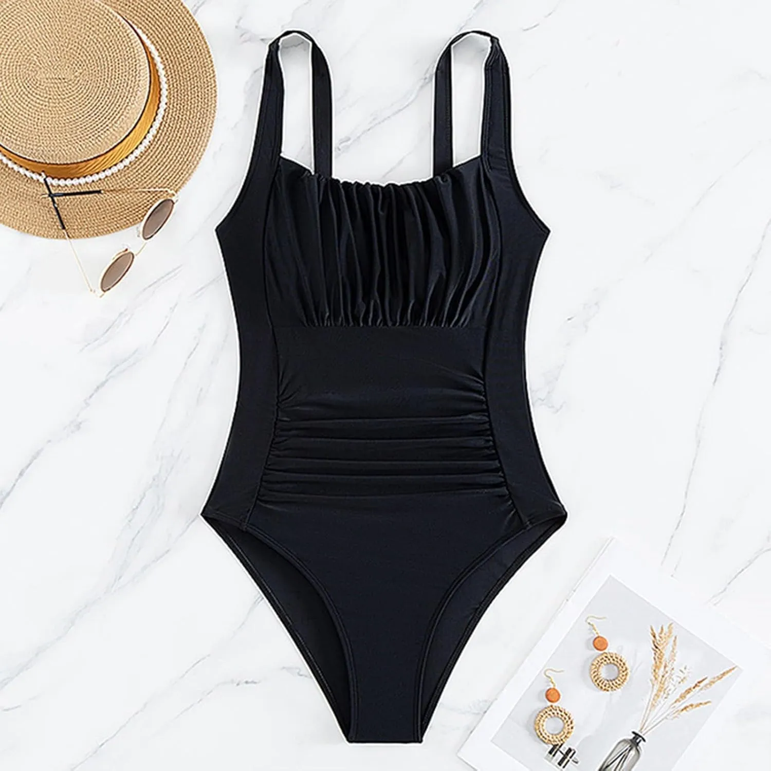 Tummy Control Slimming Bathing Suit Solid Color Swimsuit Tummy Control Cutout High Waisted Bathing Suit Women
