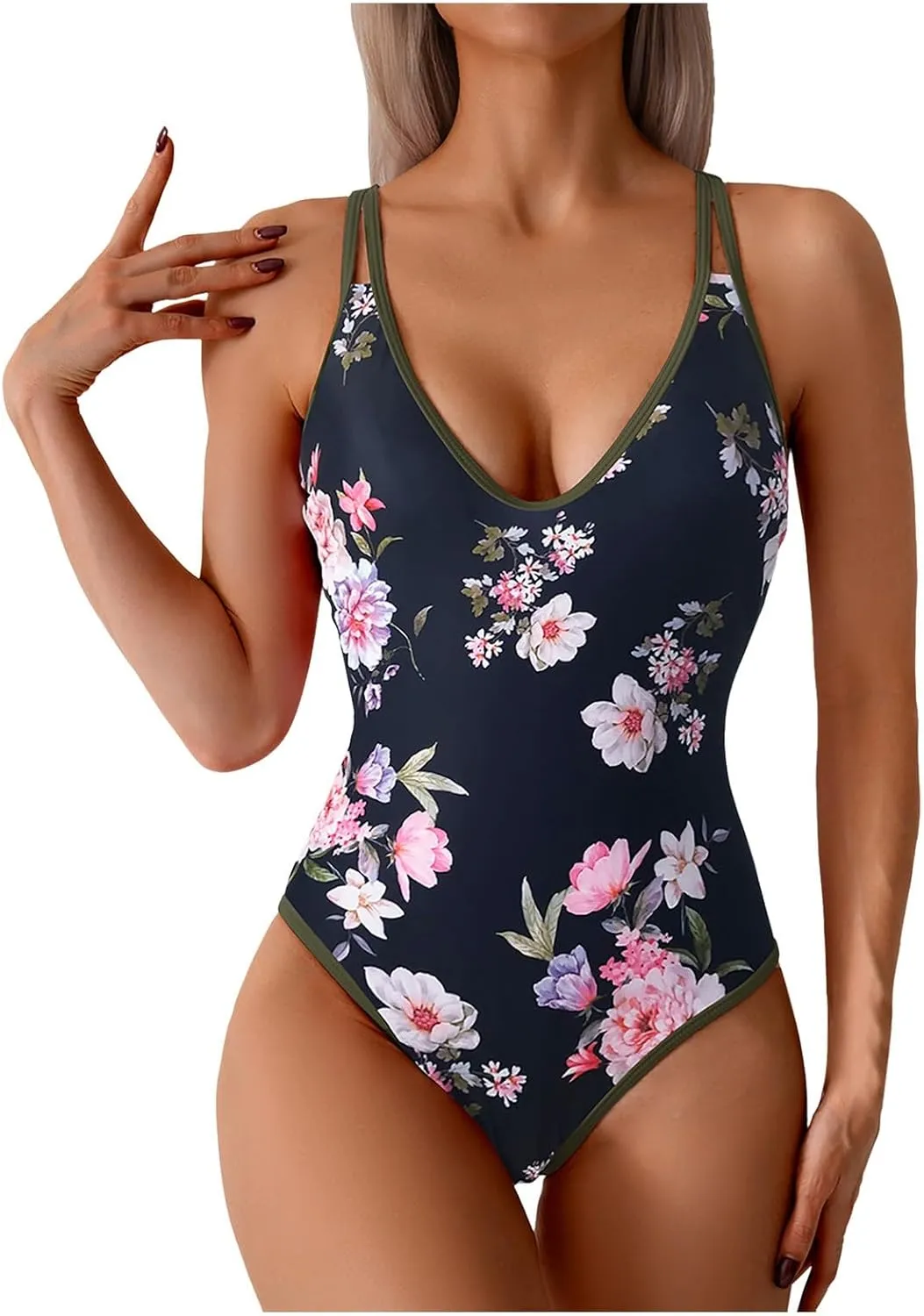 TUQIDEWU Bathing Suit for Women One Piece Swimsuit Women Tummy Control Floral Printed Sexy V Neck Push Up Backless Swimwear