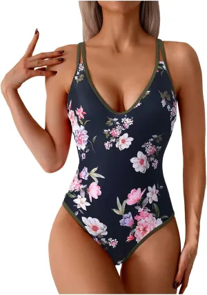TUQIDEWU Bathing Suit for Women One Piece Swimsuit Women Tummy Control Floral Printed Sexy V Neck Push Up Backless Swimwear