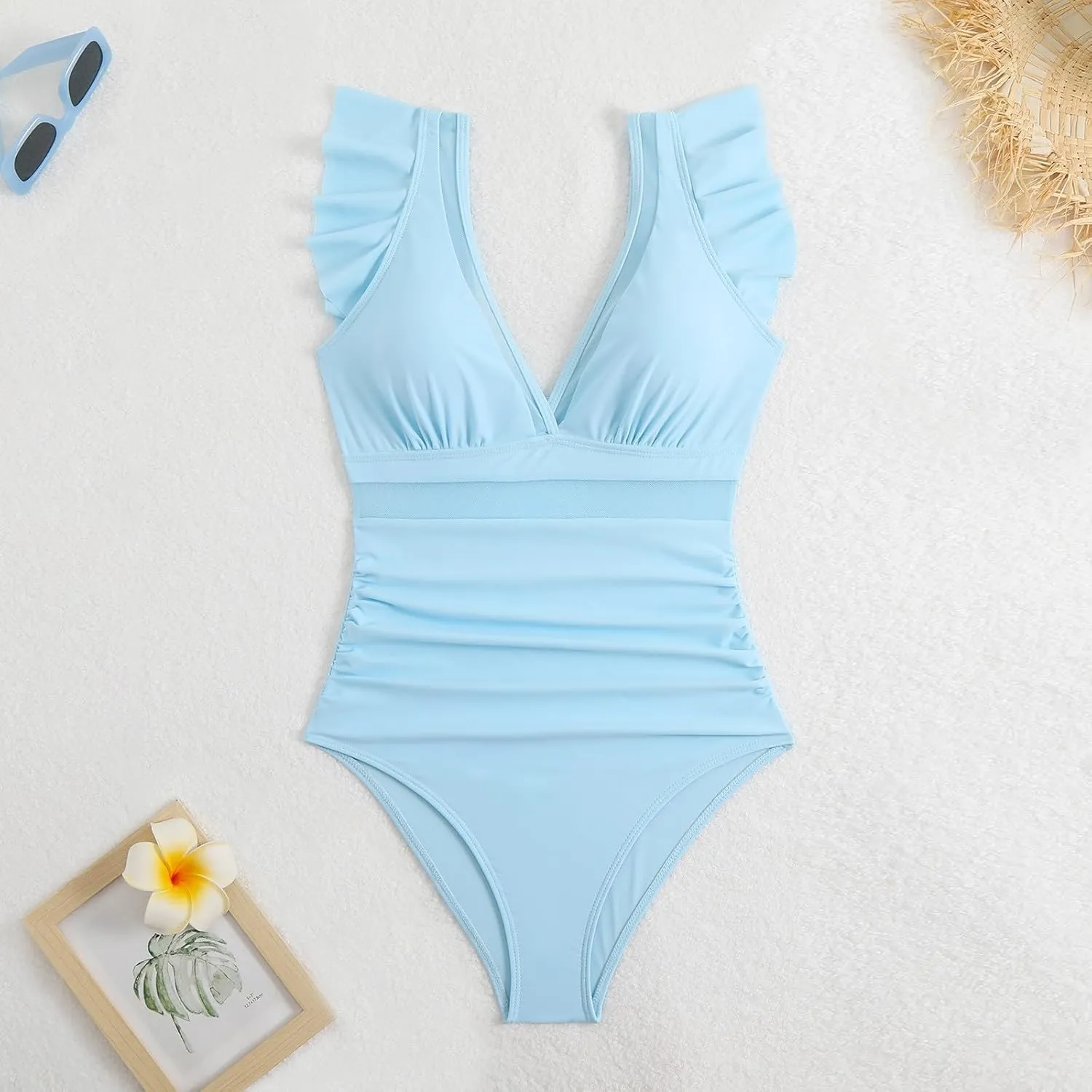 TUQIDEWU Bathing Suit for Women Tummy Control Swimsuits for Women 2025 Sexy V Neck Backless Mesh Ruffled One Piece Swimsuits