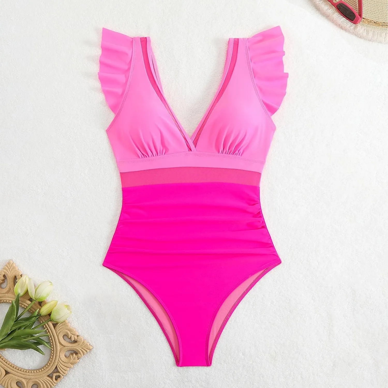 TUQIDEWU One Piece Bathing Suit for Women One Piece Swimsuit Women Tummy Control Sexy Deep V Backless Ruffle Bathing Suit