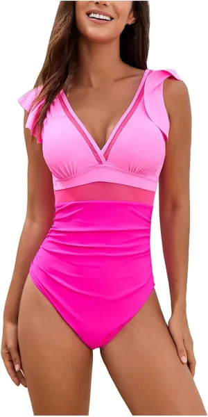 TUQIDEWU One Piece Bathing Suit for Women One Piece Swimsuit Women Tummy Control Sexy Deep V Backless Ruffle Bathing Suit