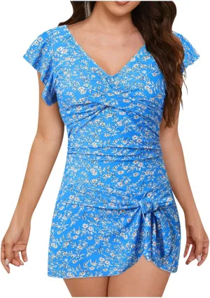 TUQIDEWU Tummy Control Swimsuits for Women One Piece Bathing Suit for Women Floral Print V Neck Backless Split Swimsuit Dress