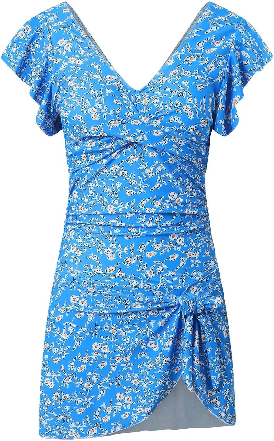 TUQIDEWU Tummy Control Swimsuits for Women One Piece Bathing Suit for Women Floral Print V Neck Backless Split Swimsuit Dress