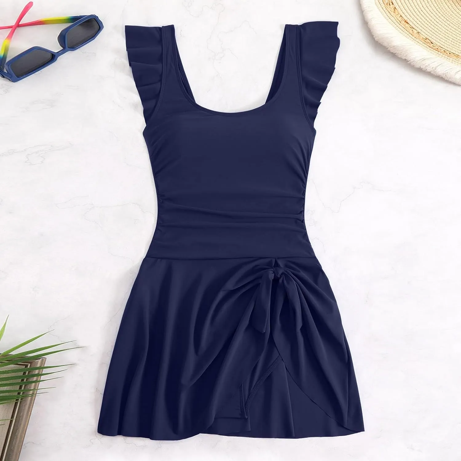 TUQIDEWU Tummy Control Swimsuits for Women One Piece Swimsuit Women Ruffled Sleeve Backless Tie Knot Slim Fit Swim Dresses