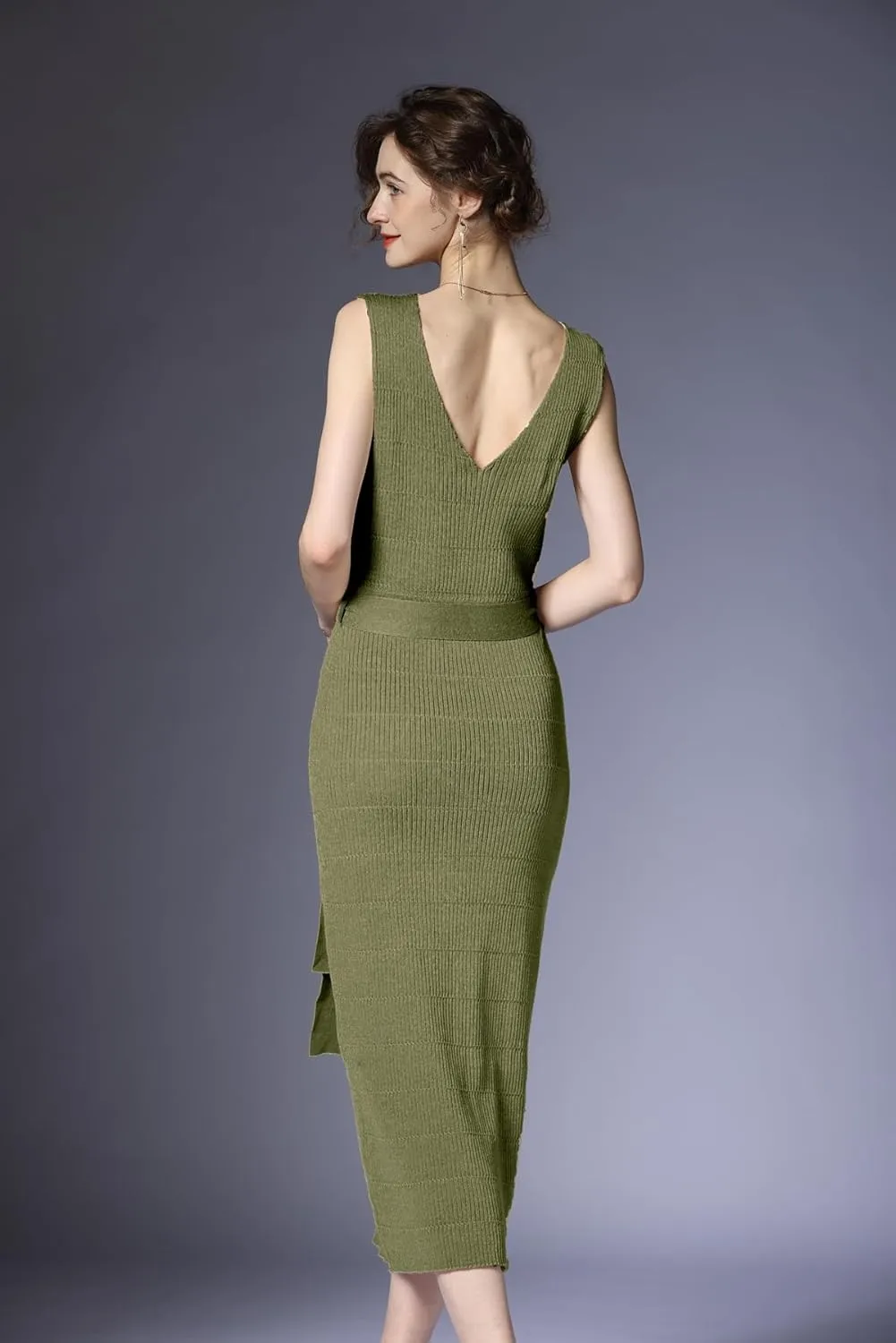 V Neck Sleeveless Midi Sweater Dress Bottom Knitted Bodycon Dress Chic Ribbed Knit Wrap Dress