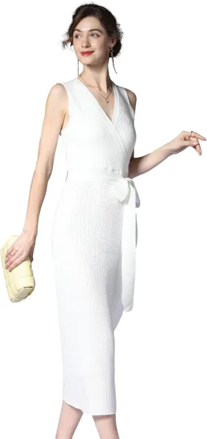 V Neck Sleeveless Midi Sweater Dress Bottom Knitted Bodycon Dress Chic Ribbed Knit Wrap Dress