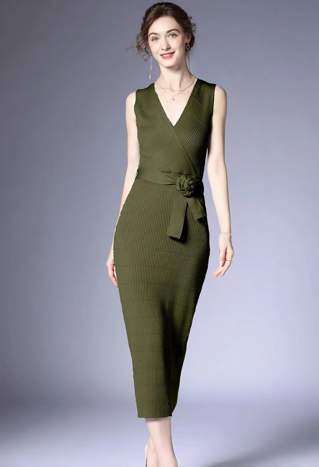 V Neck Sleeveless Midi Sweater Dress Bottom Knitted Bodycon Dress Chic Ribbed Knit Wrap Dress
