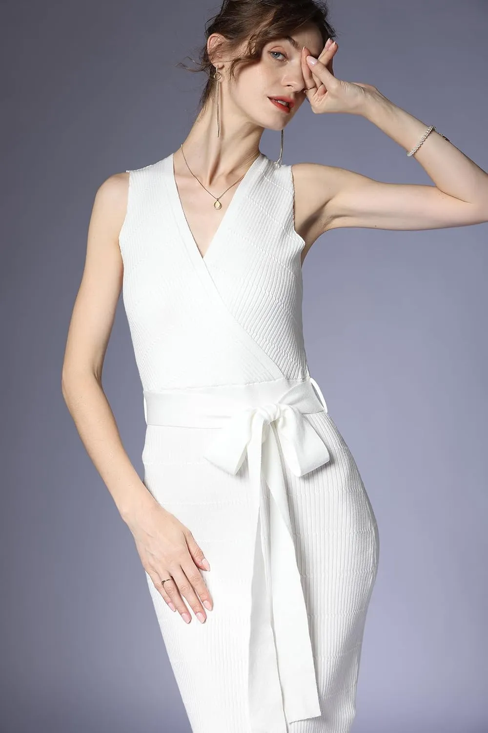V Neck Sleeveless Midi Sweater Dress Bottom Knitted Bodycon Dress Chic Ribbed Knit Wrap Dress