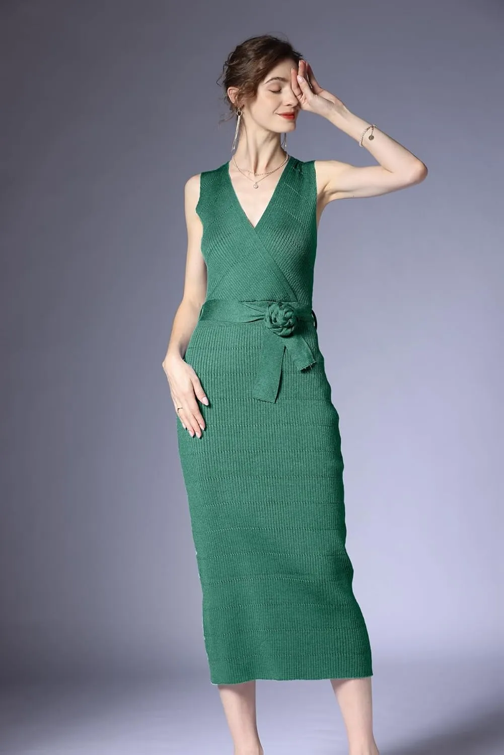 V Neck Sleeveless Midi Sweater Dress Bottom Knitted Bodycon Dress Chic Ribbed Knit Wrap Dress