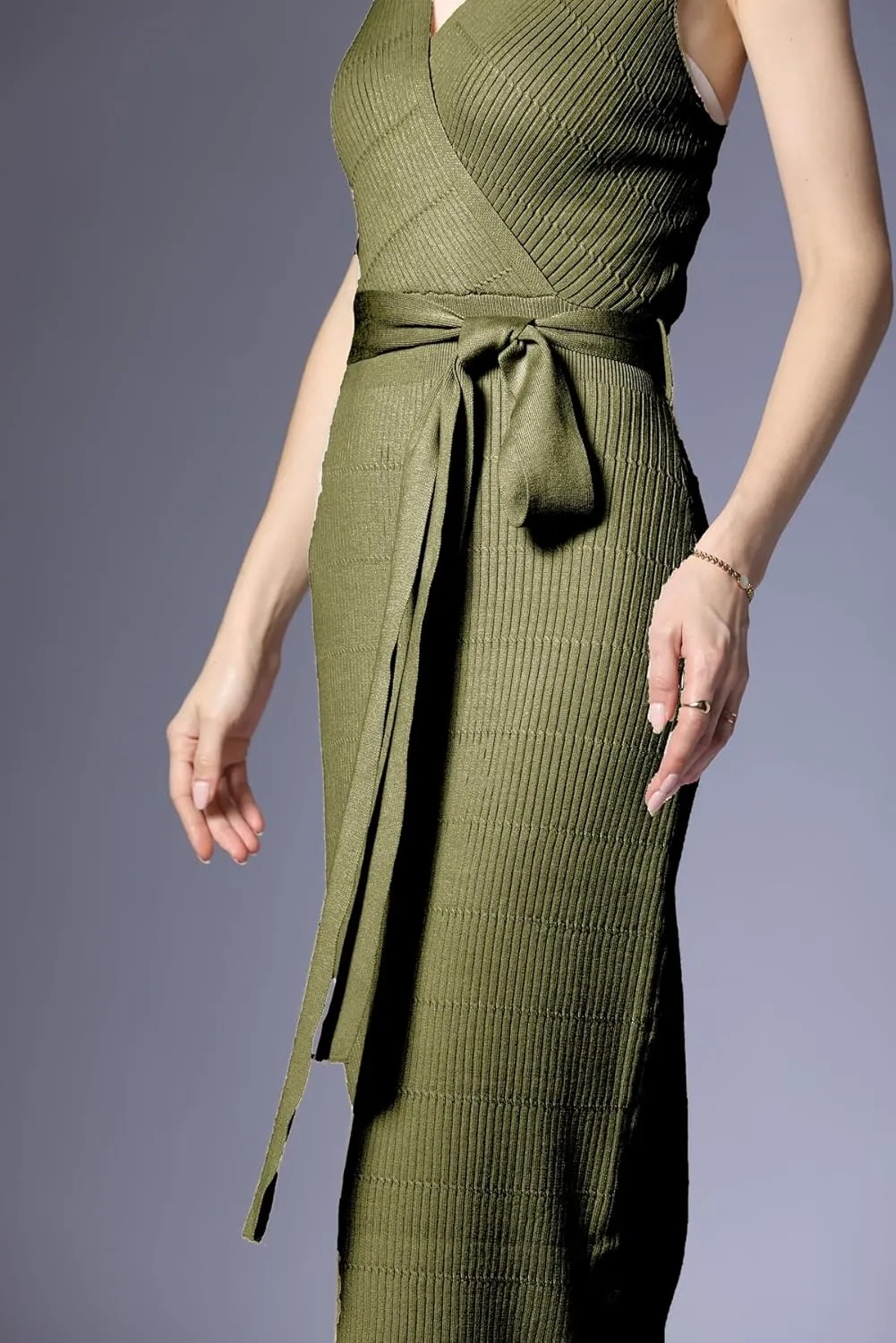 V Neck Sleeveless Midi Sweater Dress Bottom Knitted Bodycon Dress Chic Ribbed Knit Wrap Dress