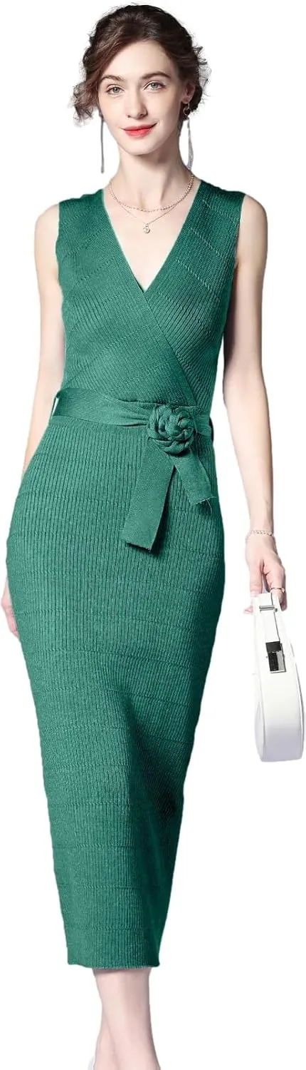 V Neck Sleeveless Midi Sweater Dress Bottom Knitted Bodycon Dress Chic Ribbed Knit Wrap Dress
