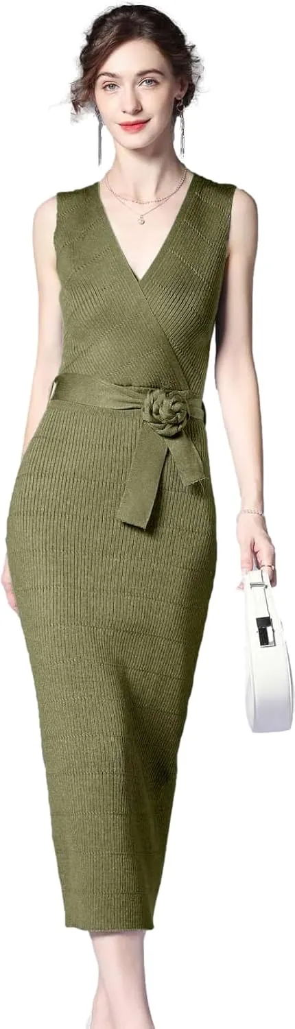 V Neck Sleeveless Midi Sweater Dress Bottom Knitted Bodycon Dress Chic Ribbed Knit Wrap Dress