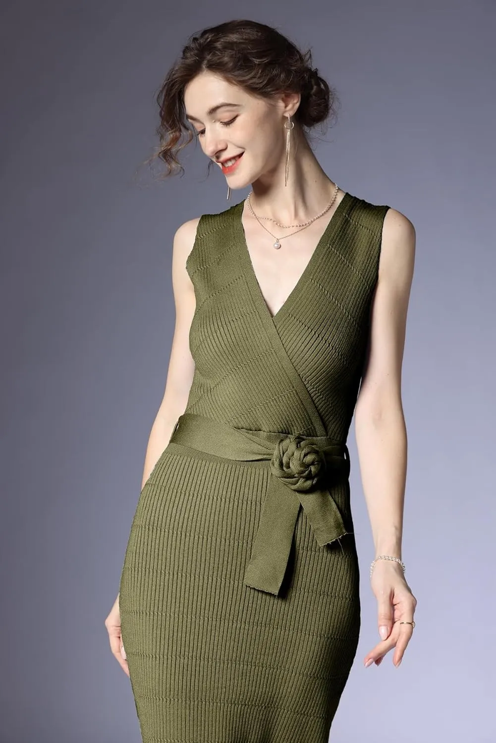 V Neck Sleeveless Midi Sweater Dress Bottom Knitted Bodycon Dress Chic Ribbed Knit Wrap Dress