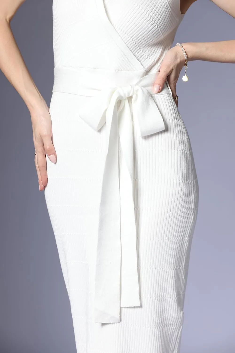 V Neck Sleeveless Midi Sweater Dress Bottom Knitted Bodycon Dress Chic Ribbed Knit Wrap Dress