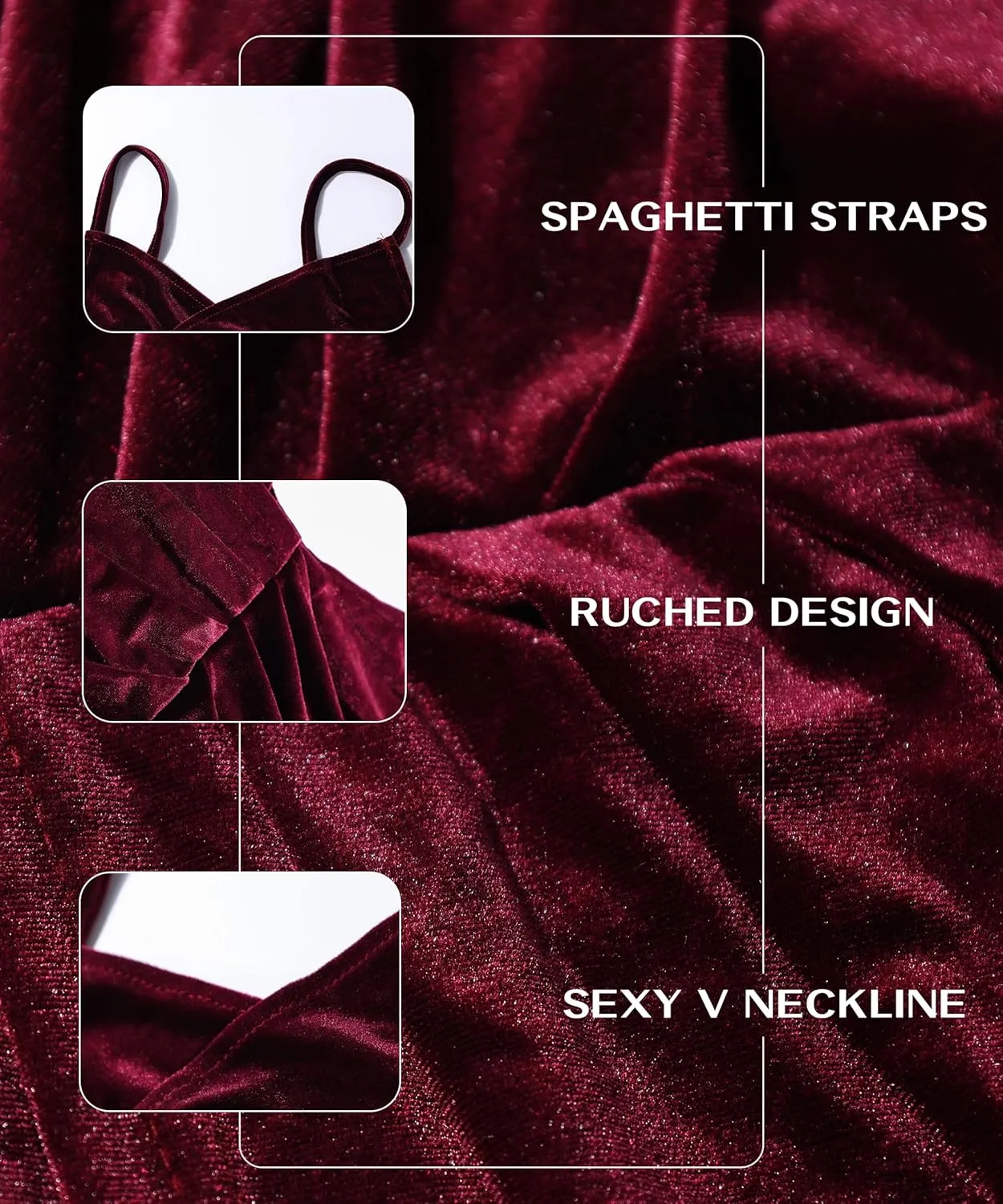 V Neck Sleeveless Spaghetti Strap Velvet Dress for Women Midi Bodycon Ruched Cocktail Party Dress with Slit