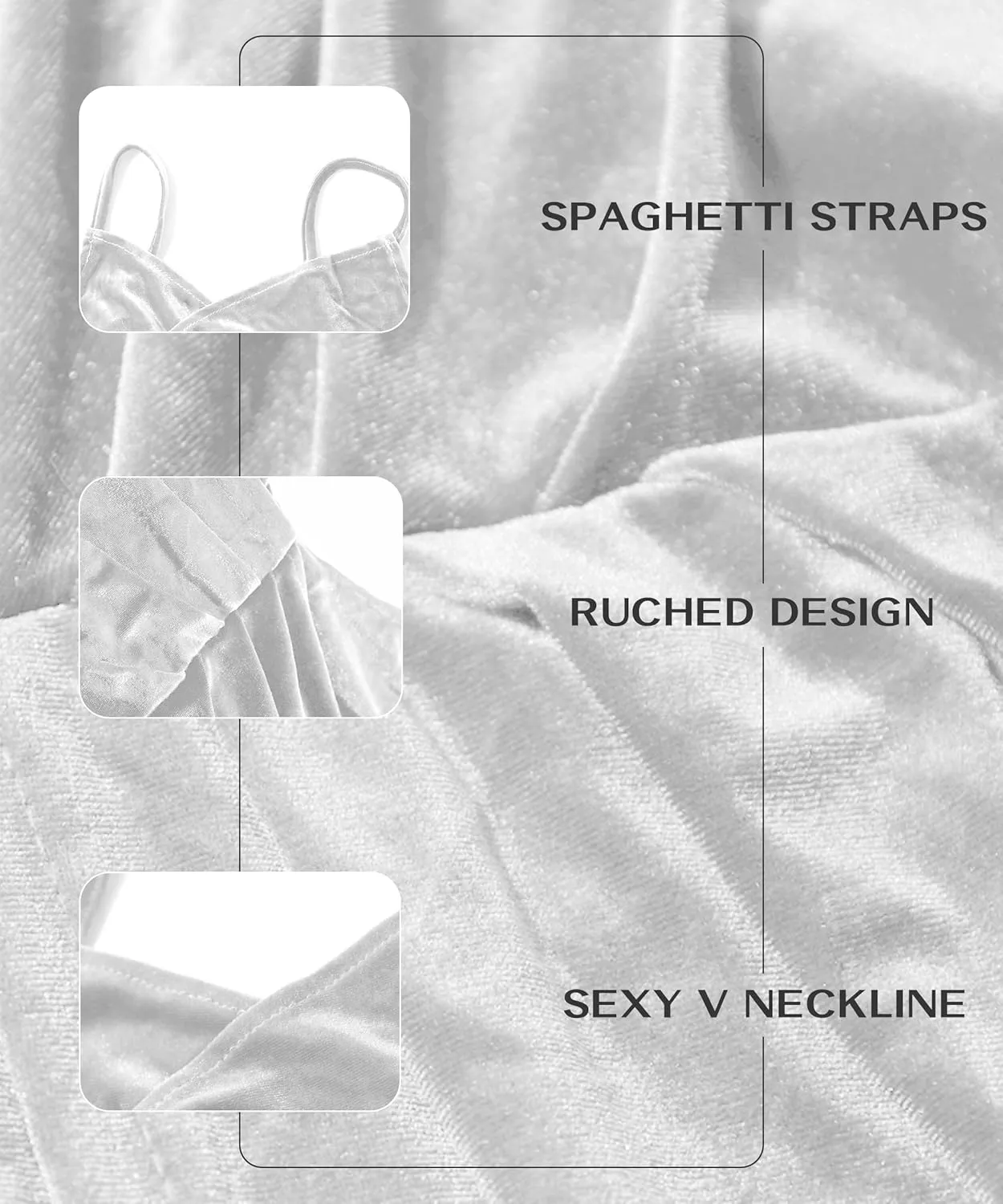 V Neck Sleeveless Spaghetti Strap Velvet Dress for Women Midi Bodycon Ruched Cocktail Party Dress with Slit
