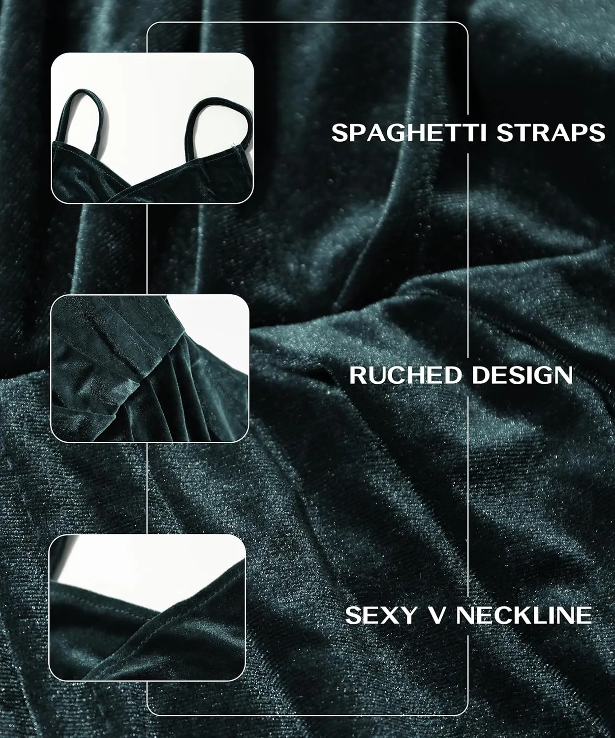 V Neck Sleeveless Spaghetti Strap Velvet Dress for Women Midi Bodycon Ruched Cocktail Party Dress with Slit