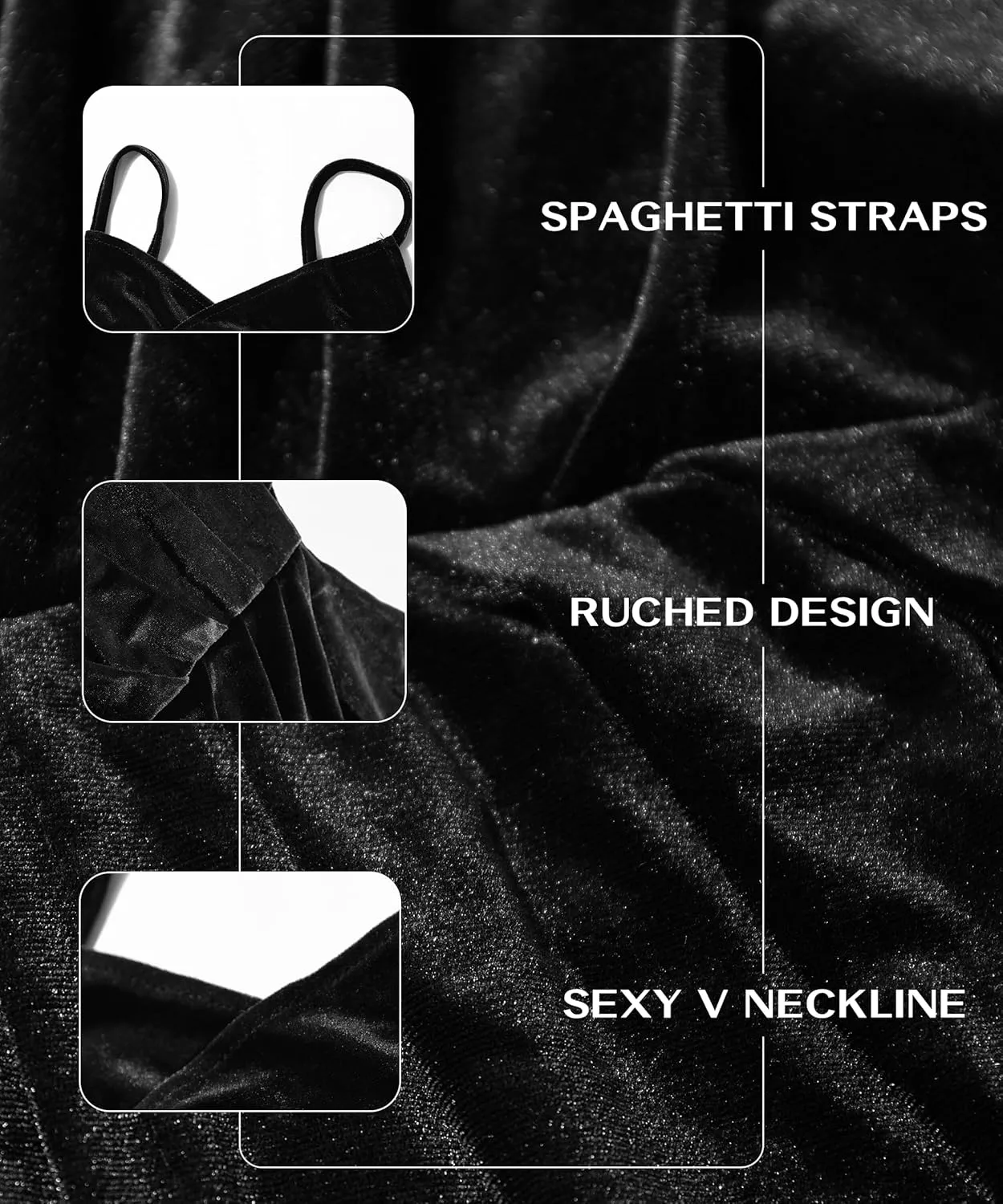 V Neck Sleeveless Spaghetti Strap Velvet Dress for Women Midi Bodycon Ruched Cocktail Party Dress with Slit