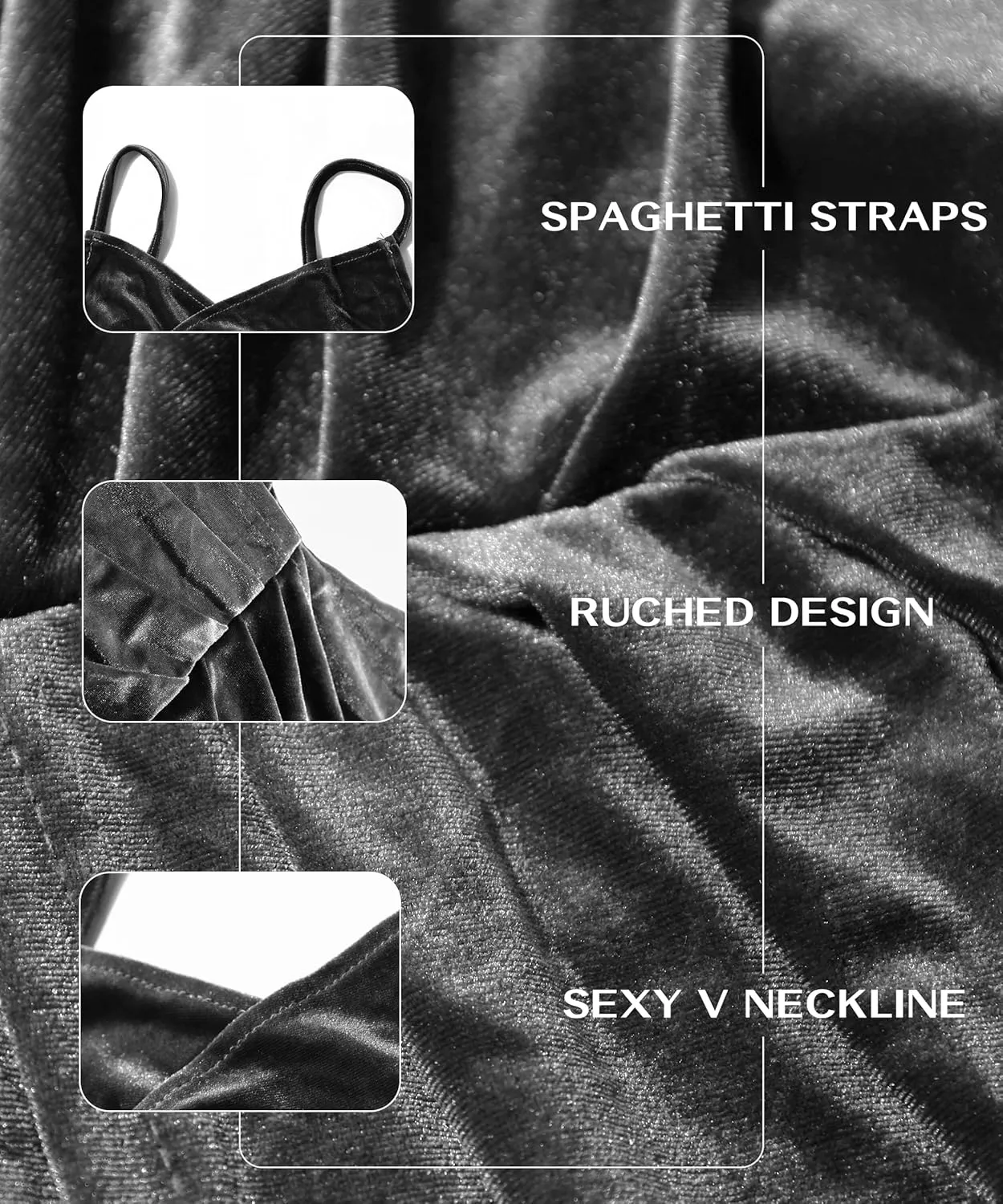 V Neck Sleeveless Spaghetti Strap Velvet Dress for Women Midi Bodycon Ruched Cocktail Party Dress with Slit