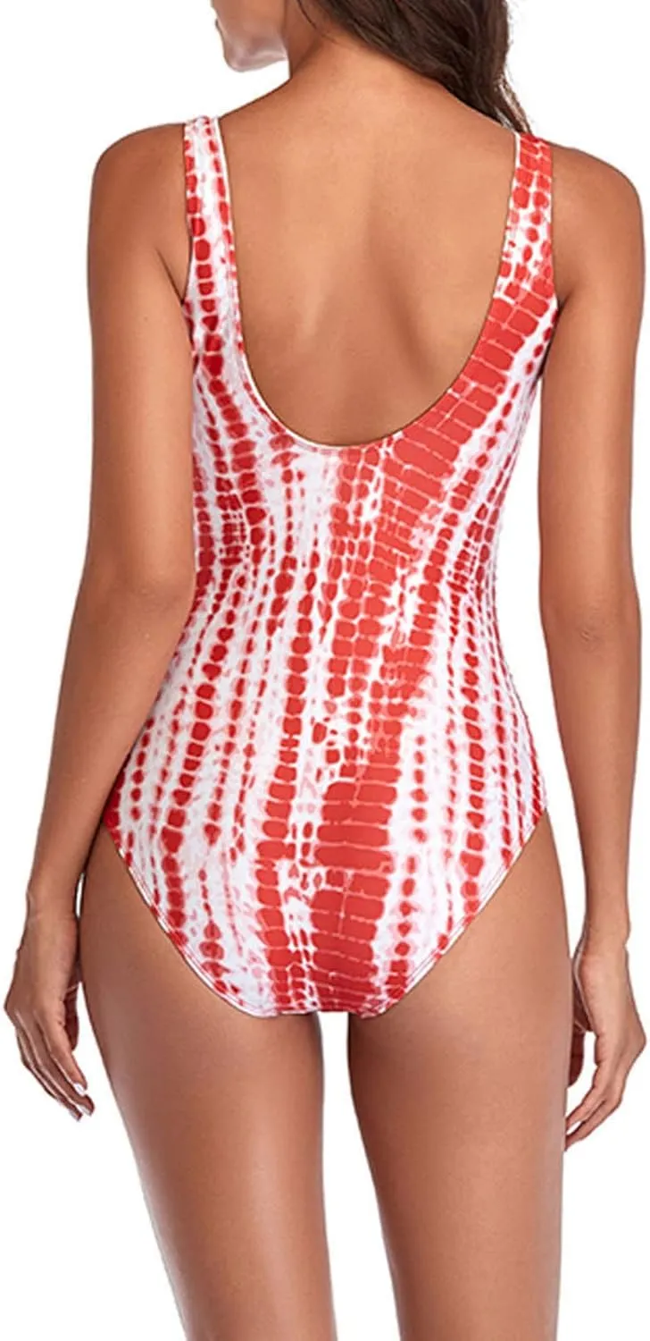 Vintage Tie Dye One Piece Swimsuit for Women Ruched Lace-Up Front Tummy Control Bathing Suit Backless Slim Swimwear