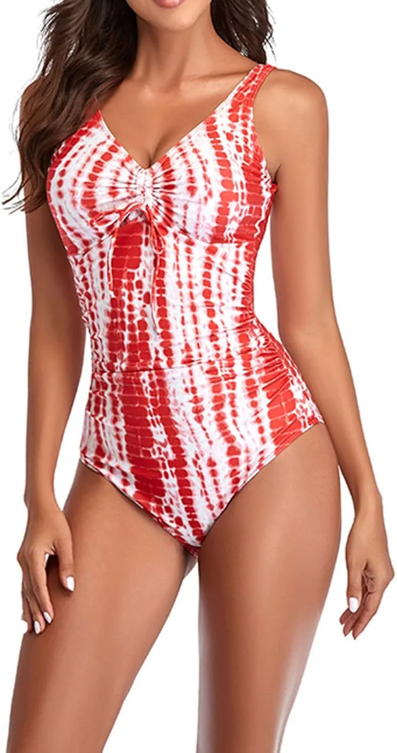 Vintage Tie Dye One Piece Swimsuit for Women Ruched Lace-Up Front Tummy Control Bathing Suit Backless Slim Swimwear