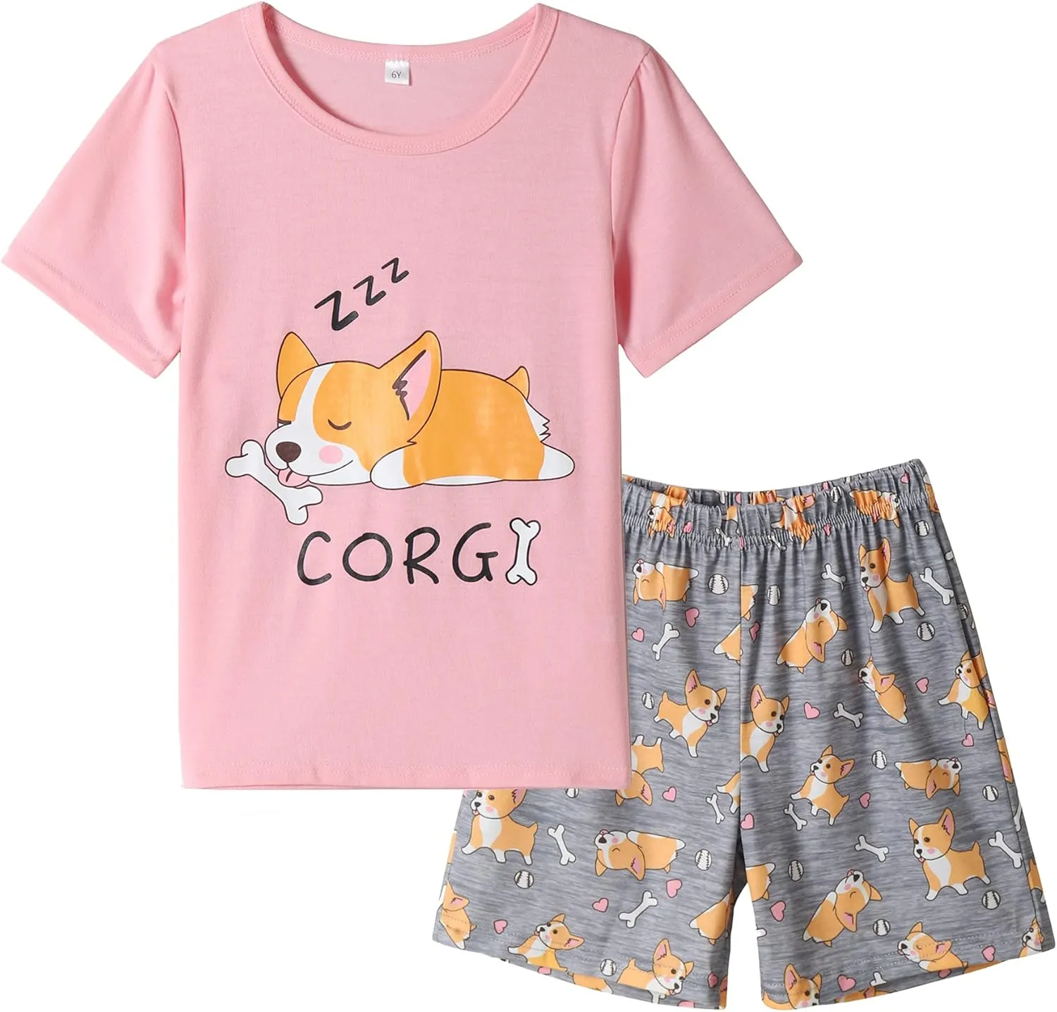 Vopmocld Big Girls Summer Short Sleeve Pajama Sets Cute Cat Patterns Sleepwear Nighty 100% Cotton