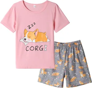 Vopmocld Big Girls Summer Short Sleeve Pajama Sets Cute Cat Patterns Sleepwear Nighty 100% Cotton