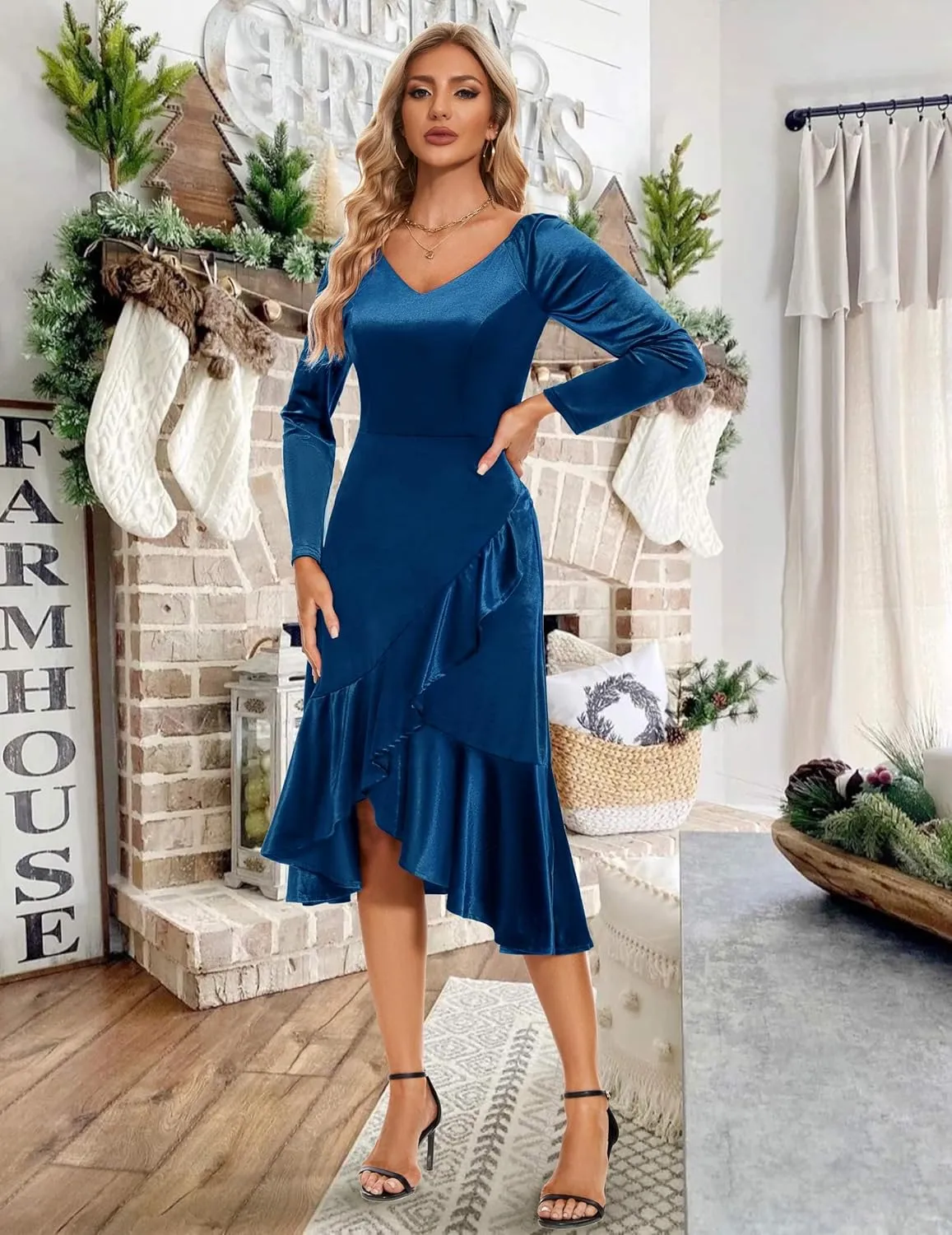 Wedtrend Women's Velvet Dress Long Sleeve Wedding Guest Dress Bodycon Slit Cocktail Party Dress