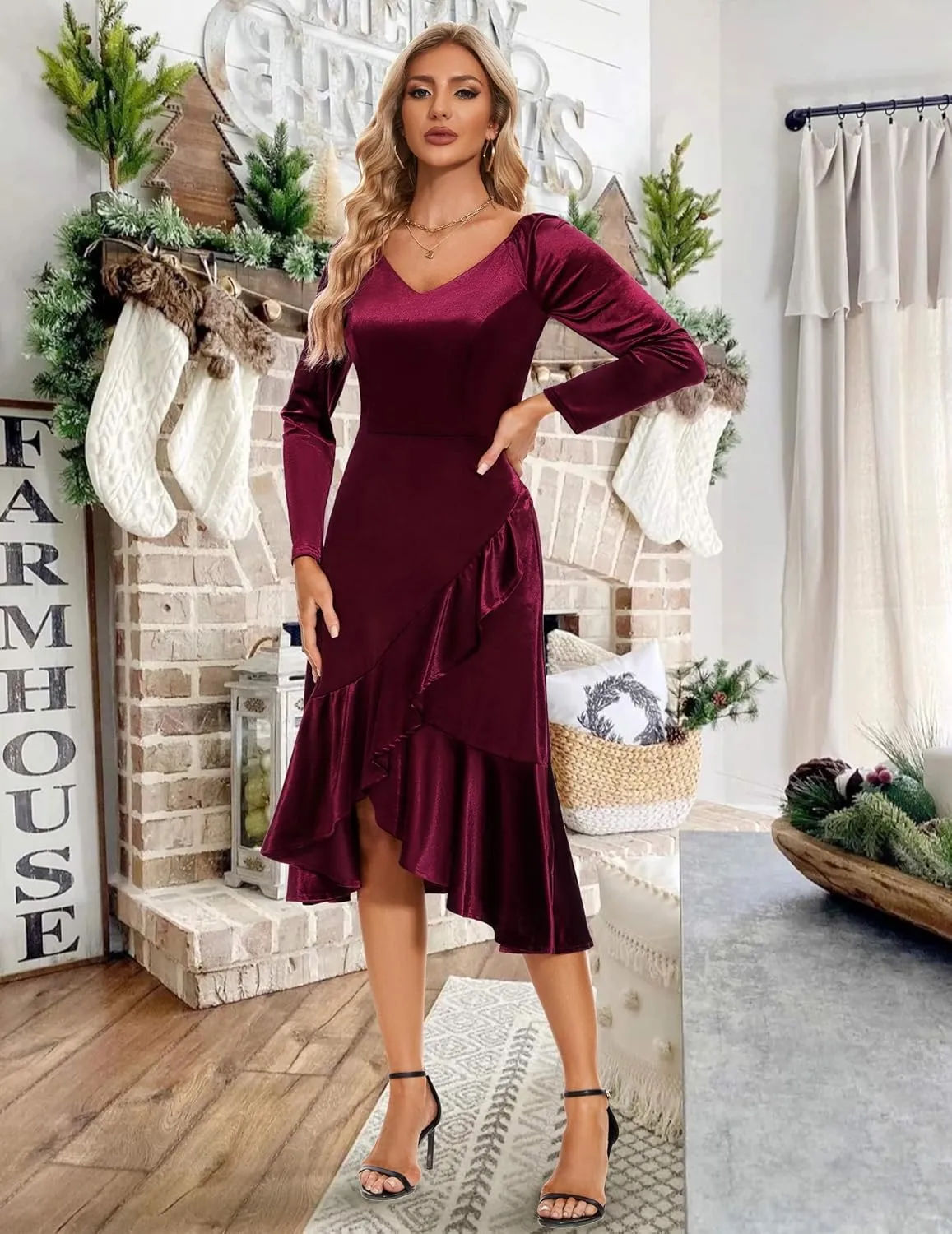Wedtrend Women's Velvet Dress Long Sleeve Wedding Guest Dress Bodycon Slit Cocktail Party Dress