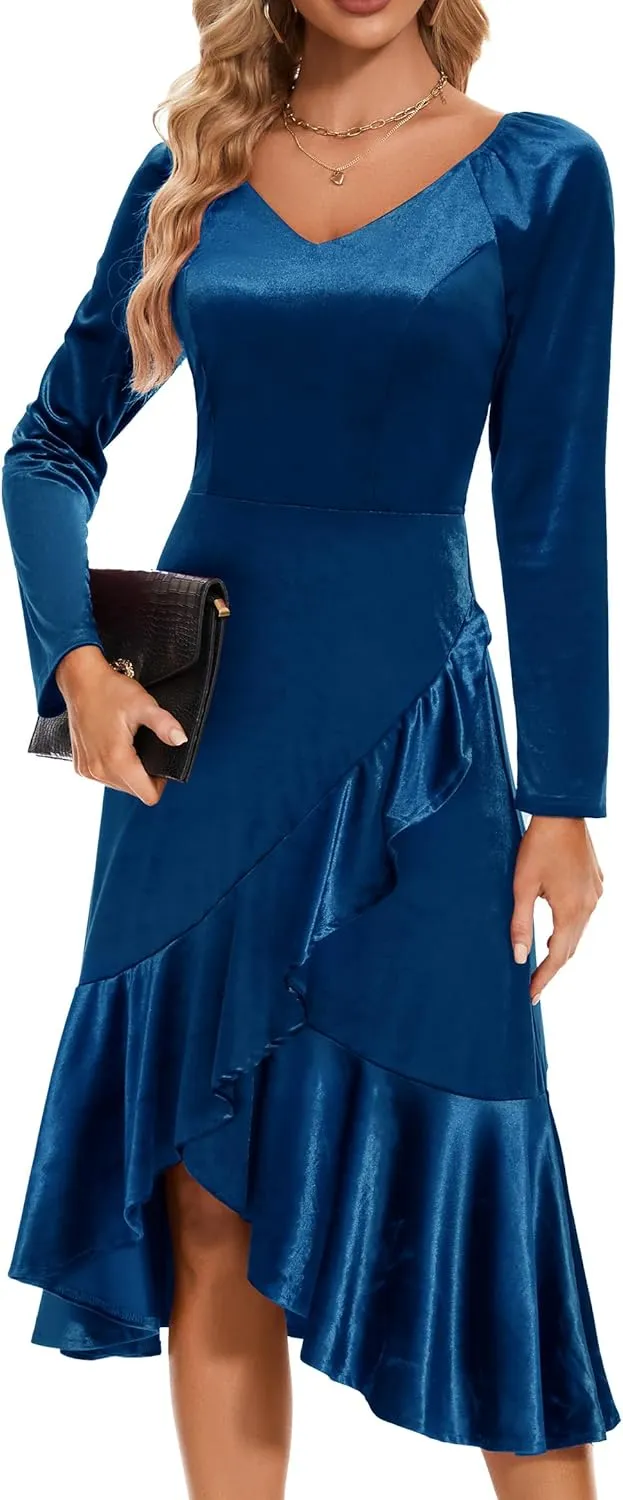 Wedtrend Women's Velvet Dress Long Sleeve Wedding Guest Dress Bodycon Slit Cocktail Party Dress